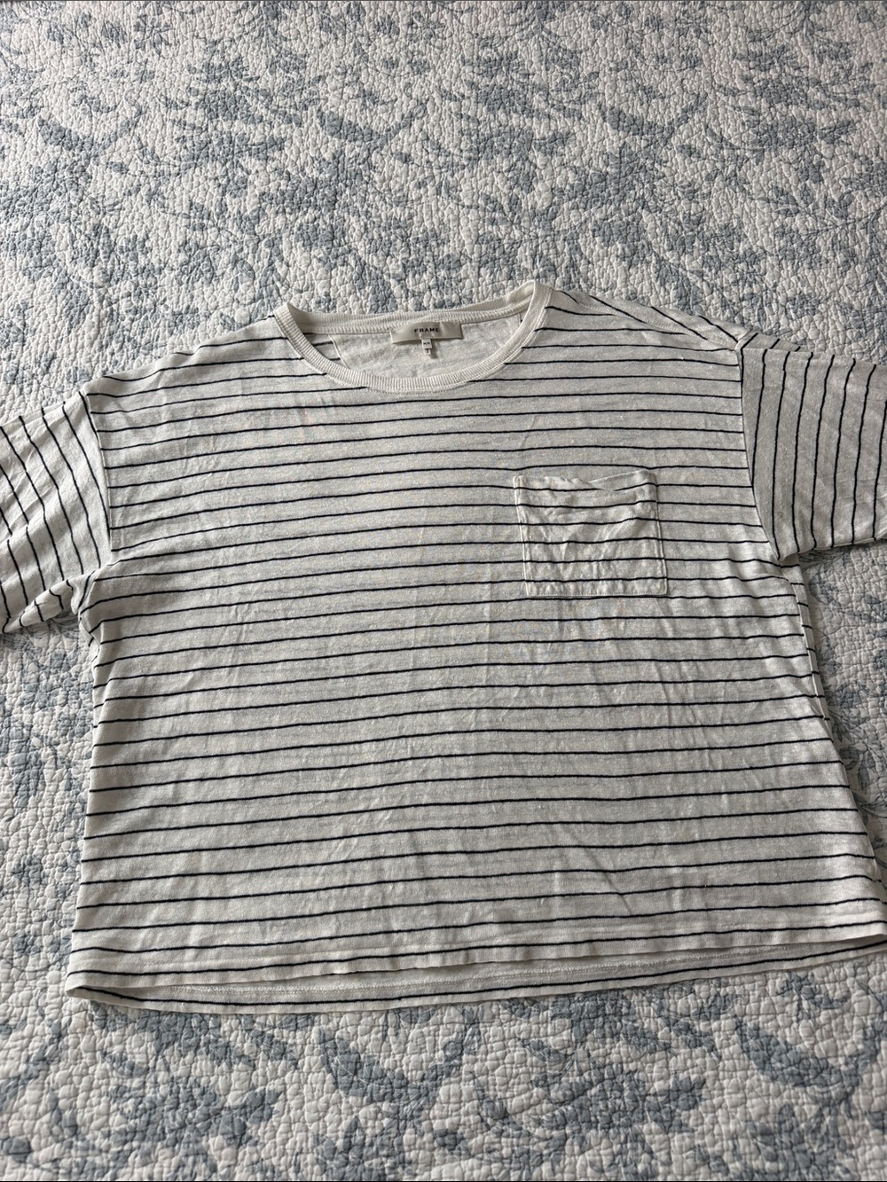 Frame Denim White Tee with Black Stripes & Pocket